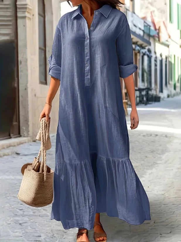 Women's Solid Cotton Hemp Casual Robe Dress | Shirt Collar Twisted Buckle Maxi Dress | Full-Sleeve Loose-Fit A-Line Spring Summer Streetwear Luxegan