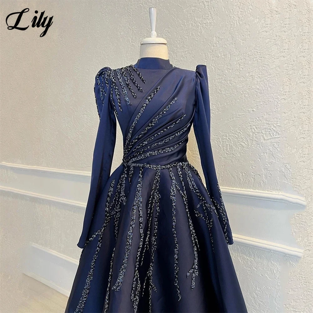 Lily Dark Blue Elegant Prom Dresses Satin High-Neck Long Sleeves Evening Dresses with Beaded Embroidery فساتين السهرةCustomized