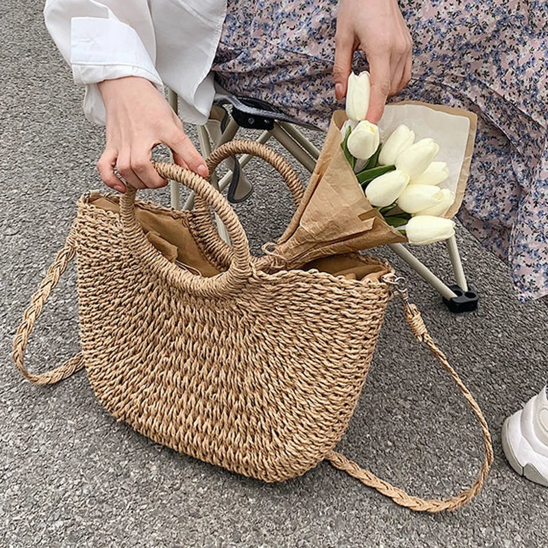 Straw Woven Handbags For Women | Handmade Travel Seaside Beach Bag | Summer New Handle Bucket Bag Shopping Tote Bag Basket Luxegan
