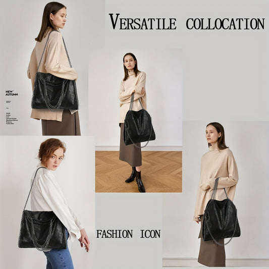 Luxurious Large PU Leather Tote Bag for Women | Elegant Black Purse with Signature Chain Strap | Fashion-Forward Casual Shoulder Bag | Sophisticated Party & Daily Statement Handbag Luxegan