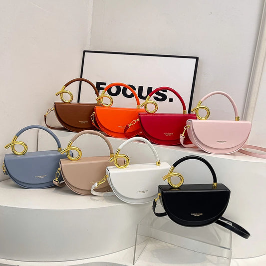 Designer Semicircle Saddle Crossbody | Small Hard PU Leather Handbag Luxegan