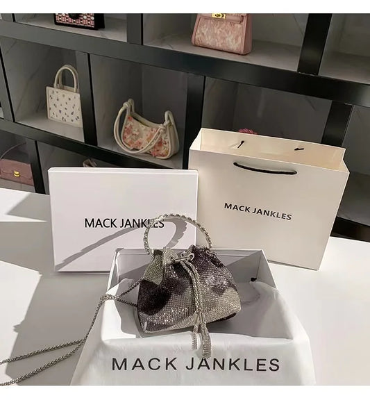 Fashion Metal Ring Handle Bucket Bag | Glitter Shiny Diamond Evening Purse | Luxury Rhinestone Wedding Party Clutch & Crossbody Bag (Model SHRF38) Luxegan