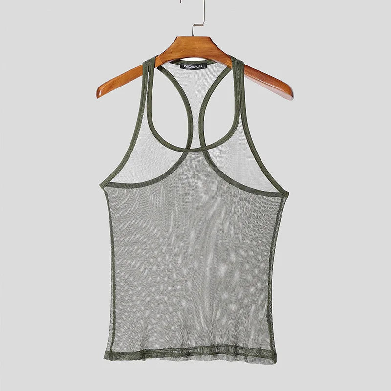 American Style Fashion Men's Perspective Mesh Vest | Sophisticated "Sleeveless" Streetwear Silhouette | Elegant Thin Sexy Casual Tank Top | "Dignified" High-Performance Jersey Top for Radiant Versatile Styling Luxegan