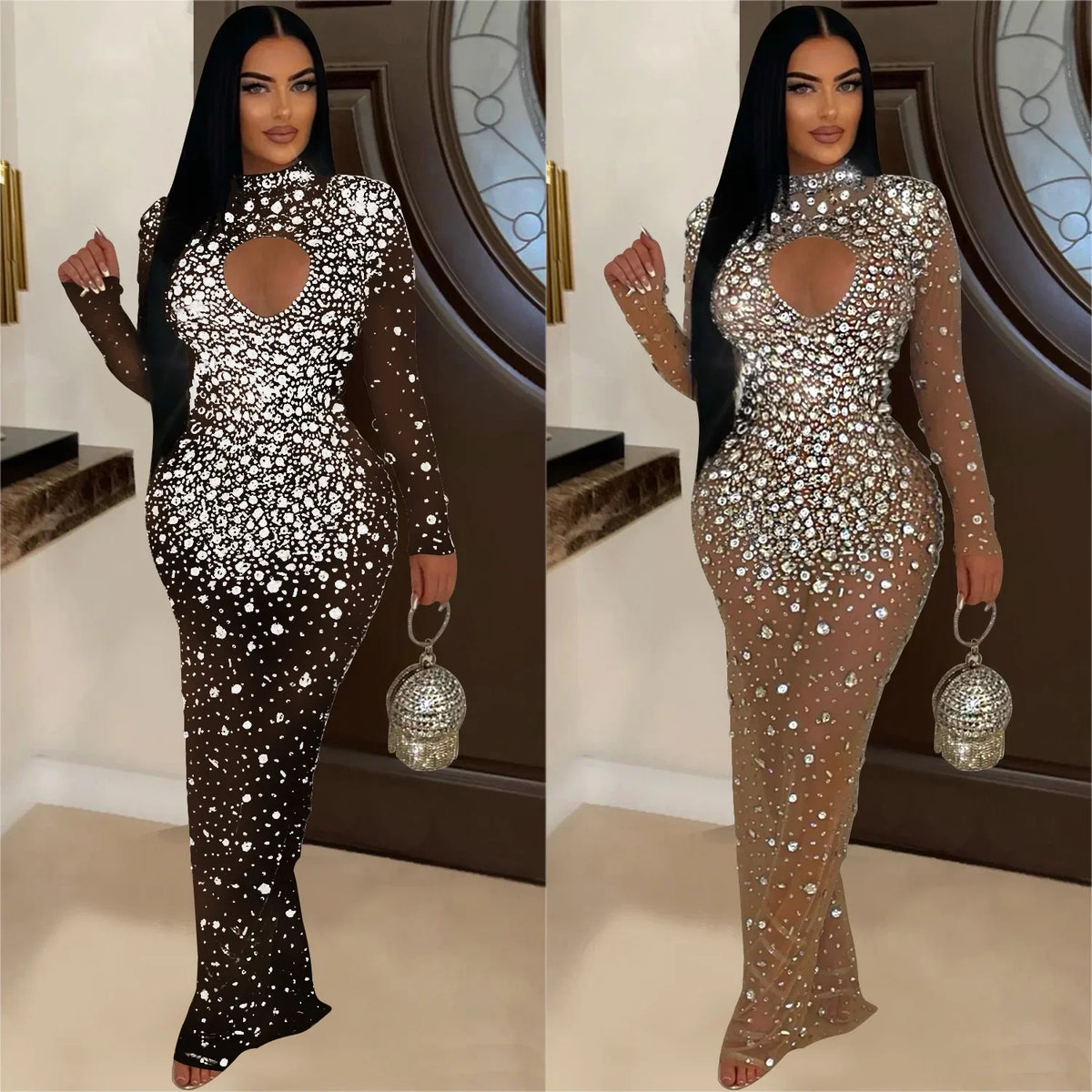 Solid Round Neck Long Sleeve Diamanté Embellished Slim Fit Straight Floor-Length Mesh Dress – Empire Waist, Spring/Summer Luxegan