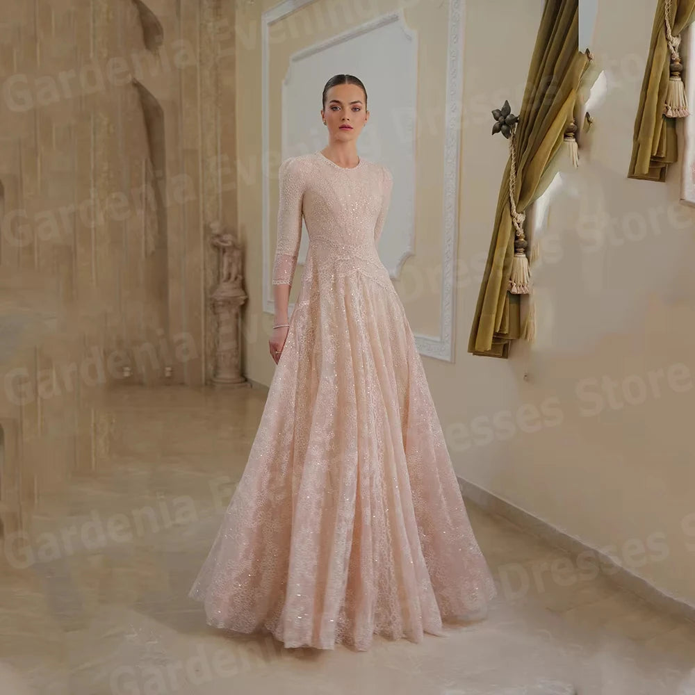 Luxurious Shiny Lace Evening Dress | Elegant O-Neck Prom Gown | Modern Tulle Floor-Length Party Vestido | Premium Three-Quarter Sleeve A-Line Robe with Sweep Train Luxegan