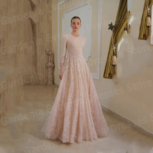 Luxurious Shiny Lace Evening Dress | Elegant O-Neck Prom Gown | Modern Tulle Floor-Length Party Vestido | Premium Three-Quarter Sleeve A-Line Robe with Sweep Train Luxegan