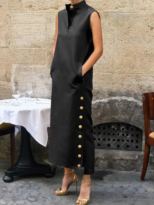 Stand Collar Button-Up Split Side Maxi Dress | Sleeveless Loose Vintage Indie Shirt Dress Luxegan