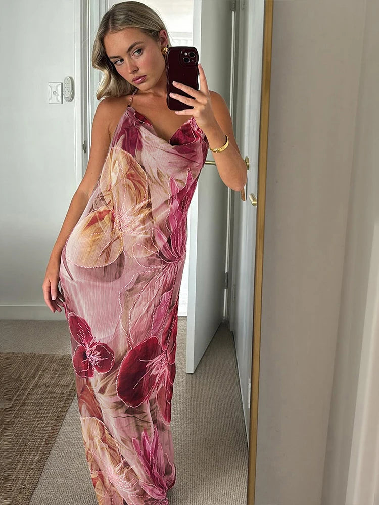 Floral Print Halter Swing Collar Backless Bodycon Maxi Dress | Bead Chain Hollow Out Vacation Beach Party DressLuxegan