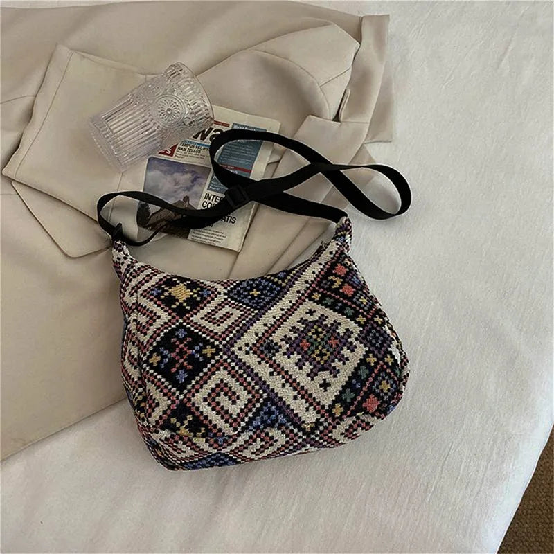 Women’s Ethnic Style Canvas Shoulder Bag | Simple Trend Messenger & Handbag | Small Woven Beach Bag & Versatile Daily Tote Luxegan