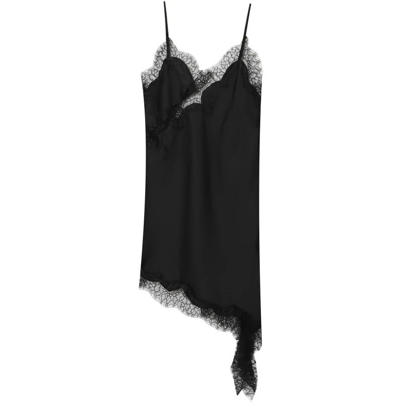Women's Elegant Lace Asymmetric Slip Dress | Sexy Summer Evening Camisole Gown | Ladies Backless Sleeveless Regular Fit Mini Dress | Premium Non-Stretch Solid Brown Vestido Model Lace Slip Dress Luxegan