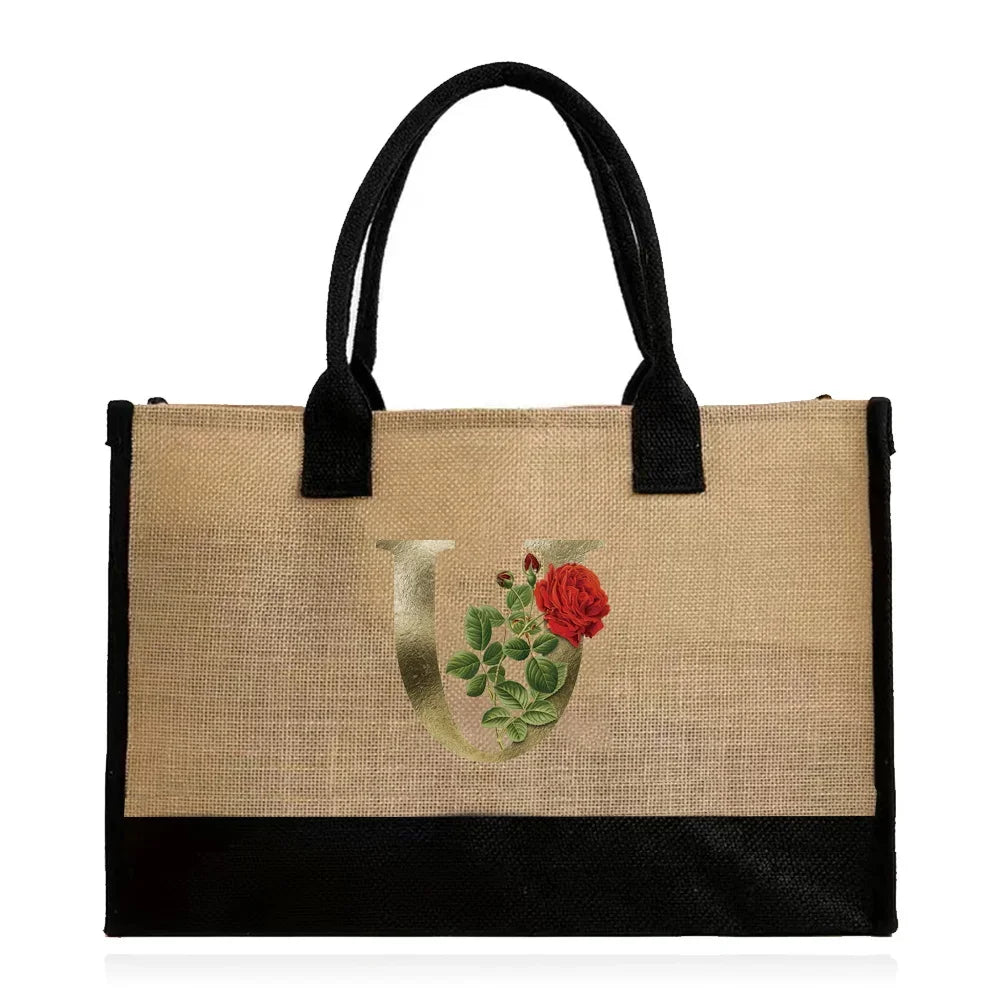 Handmade Jute & Canvas Beach Shopper | Large Capacity Portable Grocery Organizer | Eco-Friendly Woven Women’s Handbag with Golden Flower Pattern Luxegan