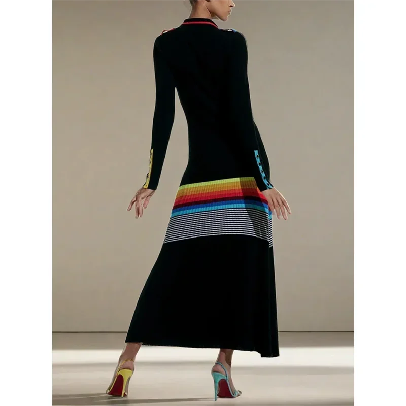 Contrast Color Striped Maxi Dress | Sophisticated Lapel Turn-Down Collar Silhouette | Elegant "Ankle-Length" Slim Party Gown | "Dignified" Buttoned High Street Dress for Radiant Versatile Styling Luxegan