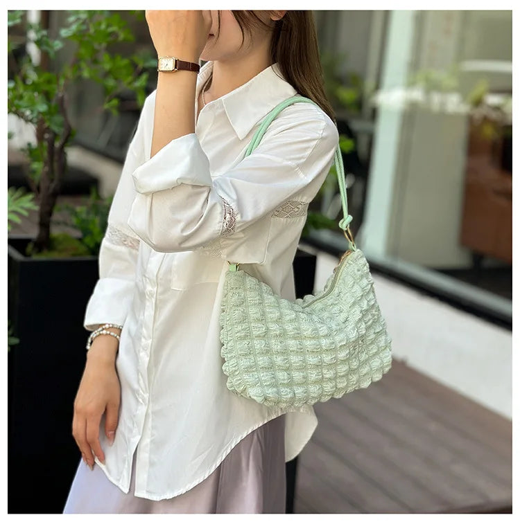 Canvas Wrinkle Bag for Women | Shoulder Bags & Pleated Bubbles Handbags (Padded Casual Underarm Quilted Tote Cloud Bag Purse) Luxegan