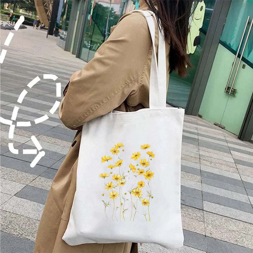 Succulove Floral Cotton Tote Bag | Large Capacity Handbag with Tulips, Hydrangeas, Sunflowers & More (Casual Shoulder Shopper, Eco-Friendly) Luxegan