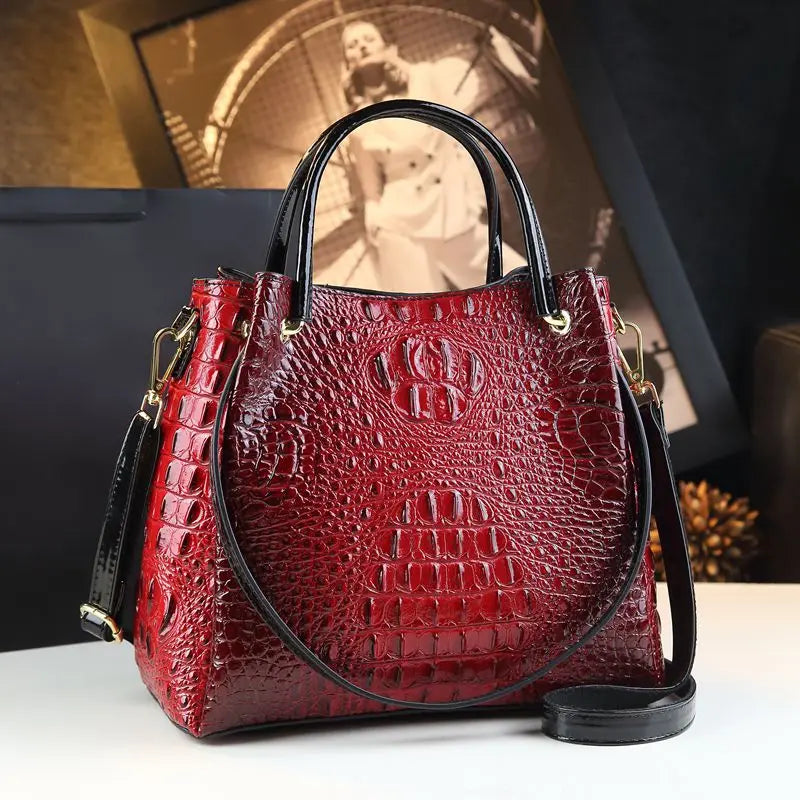 Genuine Leather Crocodile Print Bucket Bag | Vintage Tote & Messenger Luxegan
