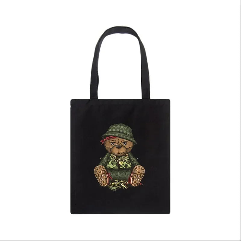 Fashion Bear Print Eco Women Shoulder Bags | Female Handbag Canvas Shopping Bag | Casual Large Ladies Travel Totes Bags Luxegan