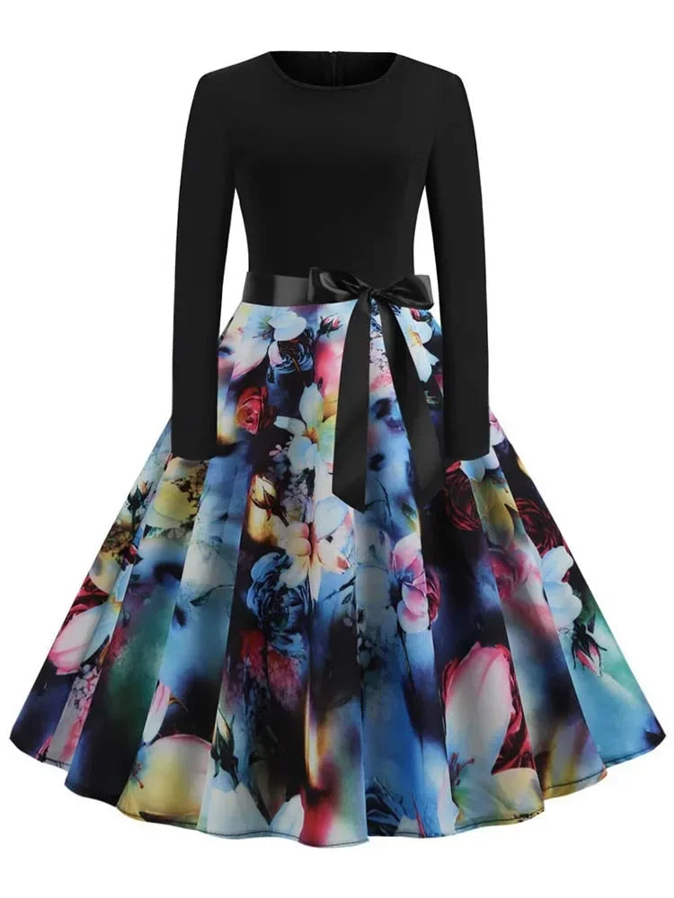 Harajuku Vintage Music Note Print Party Dress | Casual Retro Long-Sleeve Spring Autumn Midi | Full-Sleeve Loose-Fit A-Line Dress with Sashes Luxegan