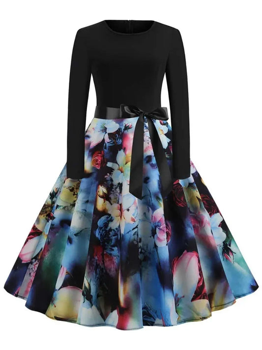 Harajuku Vintage Music Note Print Party Dress | Casual Retro Long-Sleeve Spring Autumn Midi | Full-Sleeve Loose-Fit A-Line Dress with Sashes Luxegan