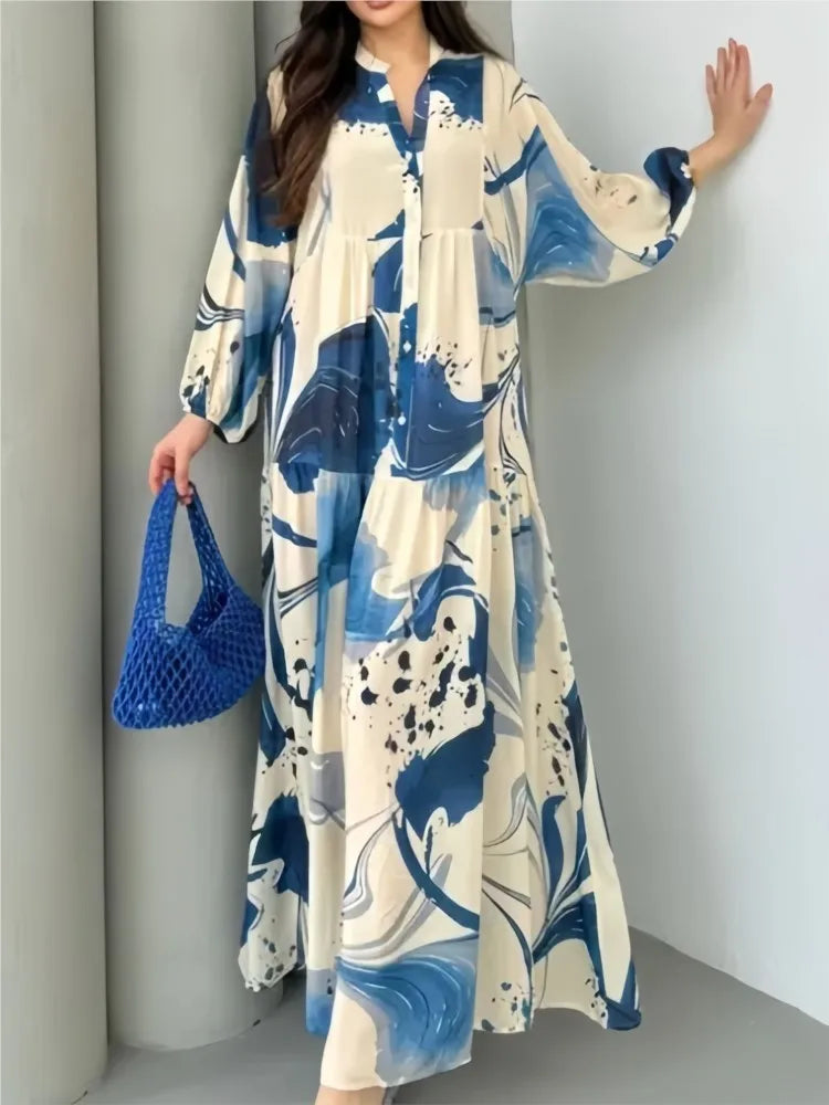 Women's Printed Loose Long Shirt Dress | Elegant Spliced Spring Autumn Long-Sleeved Gown | New Fashion Single-Breasted Office Lady Robe | Premium Tatting Slight Stretch A-Line Ankle-Length Dress Model SA-0725 Luxegan