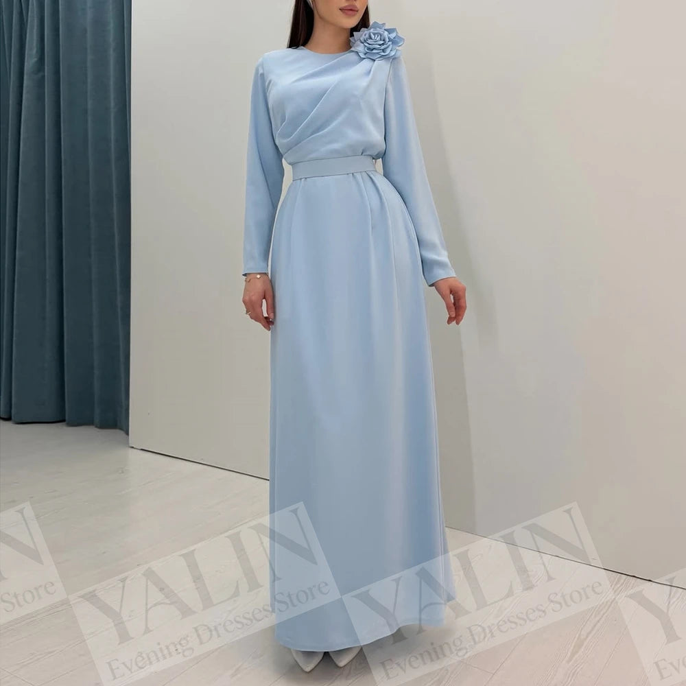 Floral Sash A-Line Prom Dress | O-Neck Full Sleeve Ankle-Length Evening Gown
