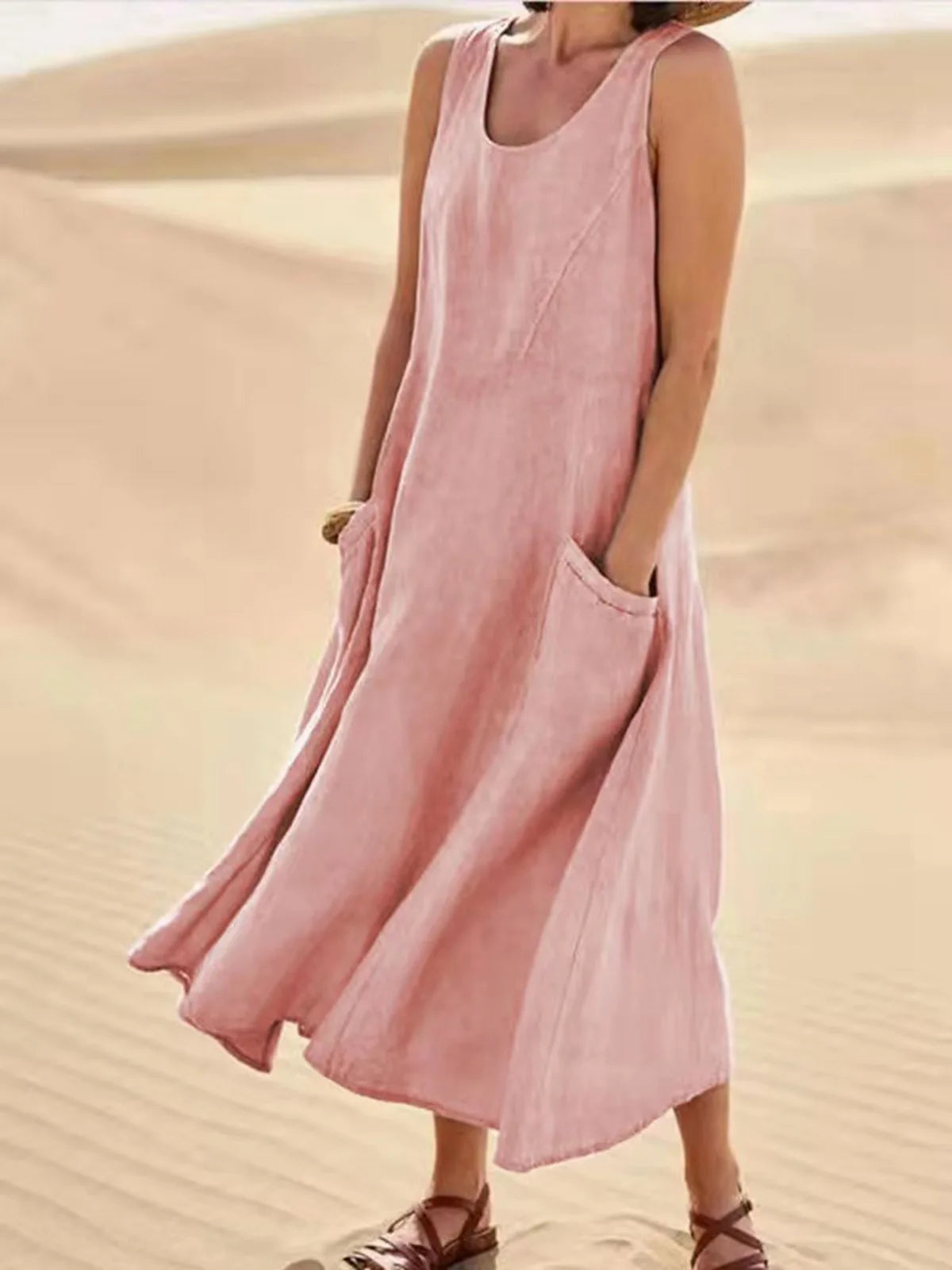 Women's Casual Cotton Linen Sundress | Summer Sleeveless Loose Sand Beachwear Maxi Dress | Elegant Double Big Pocket Oversized Long Dress | Premium High Stretch Regular Fit O-Neck Vestido Model LRFZ-818 Luxegan