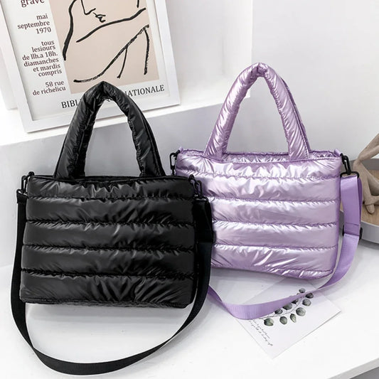 New Puffer Tote Bag for Women | Quilted Puffy Handbag & Lightweight Down Cotton Padded Shoulder & Crossbody Bag Luxegan