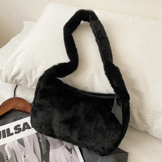 Simple Design Women's Soft Plush Hobo Shoulder Bag | Winter Furry Ladies Clutch Purse & Handbag (Fashion Female Underarm Bag) Luxegan