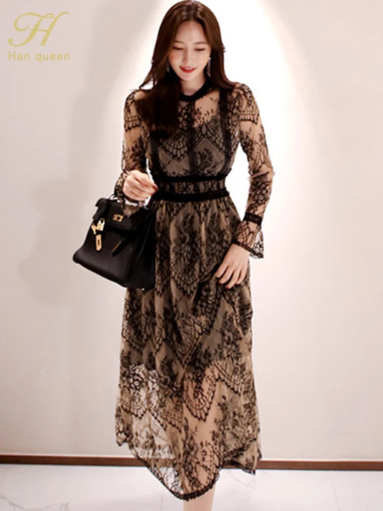 Patchwork Lace O-Neck Full-Length Sleeve Regular Fit A-Line Ankle-Length Dress – Slight Stretch Mesh-Lace, Natural Waist, Spring/Summer Luxegan