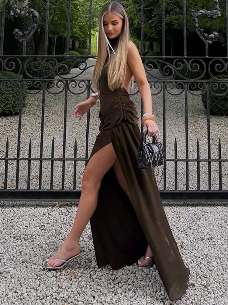 Nibber Backless Maxi Dress Women Halter Sleeveless High Side Slit Long Tassel Folds Solid High Elasticity Prom Party Vestidos