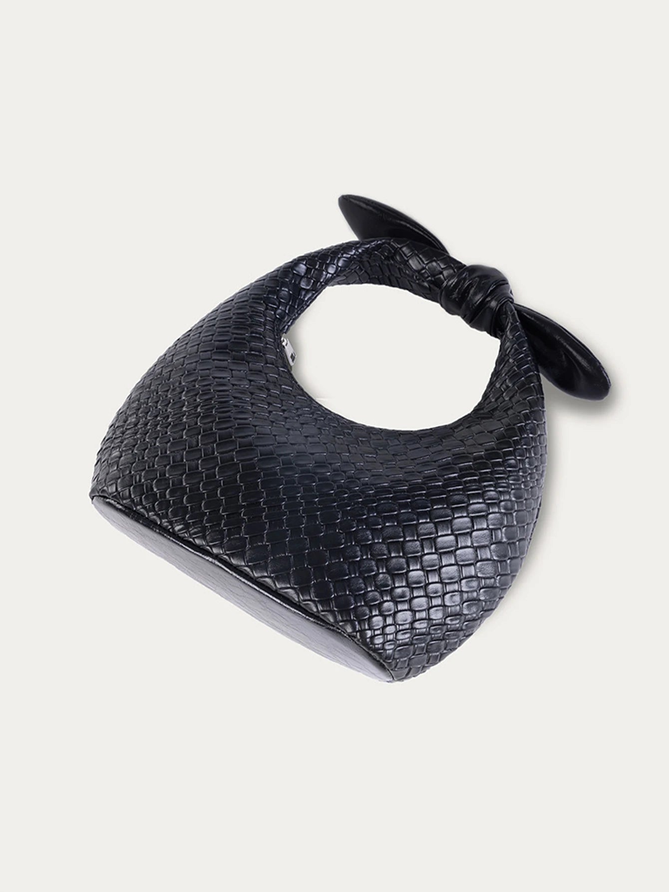 Light Luxury Woven PU Hand-Held Half Moon Bag | Solid Color Bow Handbag Luxegan