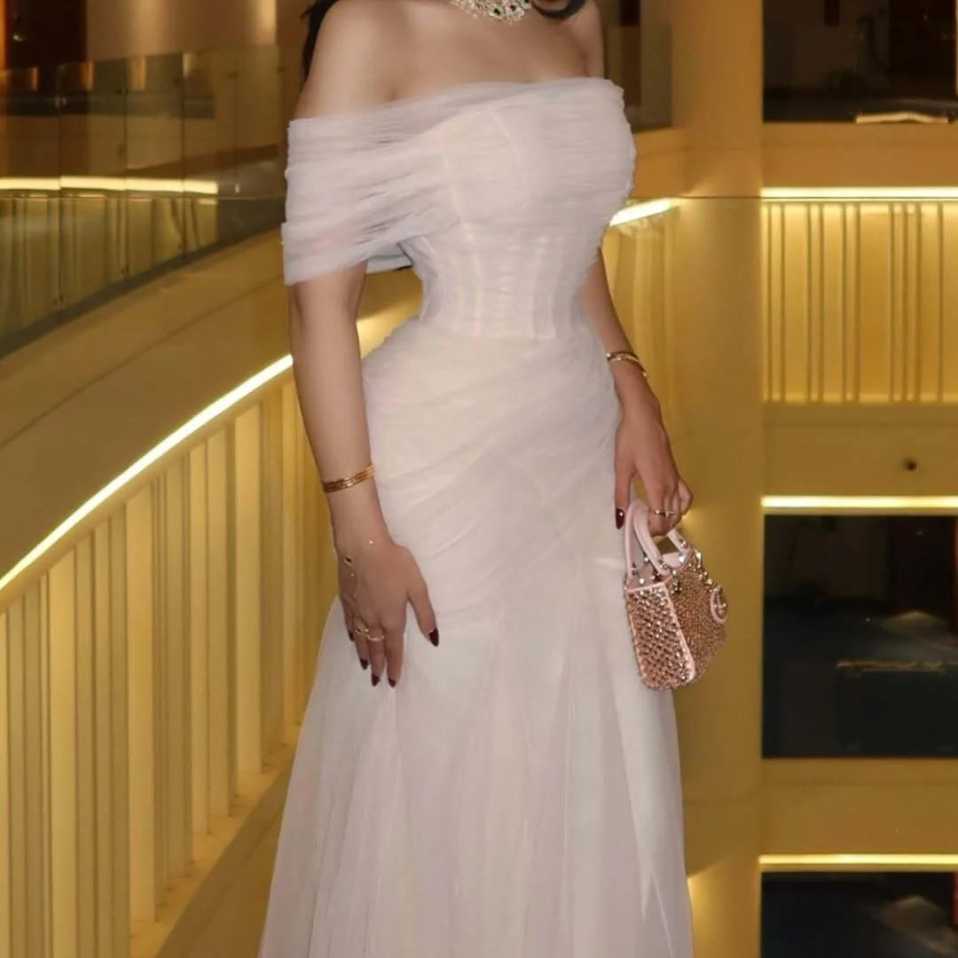 Mila Blush Off Shoulder Prom Dresses with Ruched Tulle Bodice and Mermaid Floor Length Skirt Customized Formal Evening 2026