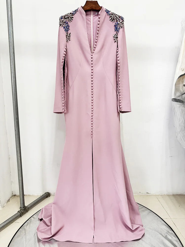 Diamond Beaded Slit Sleeve Maxi Dress | V-Neck Long Sleeve A-Line Designer Evening Gown Luxegan