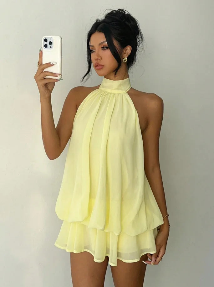 Women's Backless Halter Tie Waist Mini Dress Luxegan