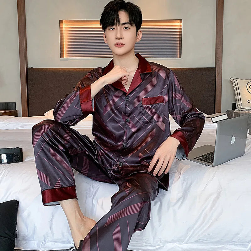 Men's Premium Ice Silk Pajama Set | Luxury Paisley Long-Sleeved Sleepwear Suit | Thin Turn-Down Collar Nightwear | Plus Size High-Quality Home Clothes Male Suit Model SY5004 Luxegan