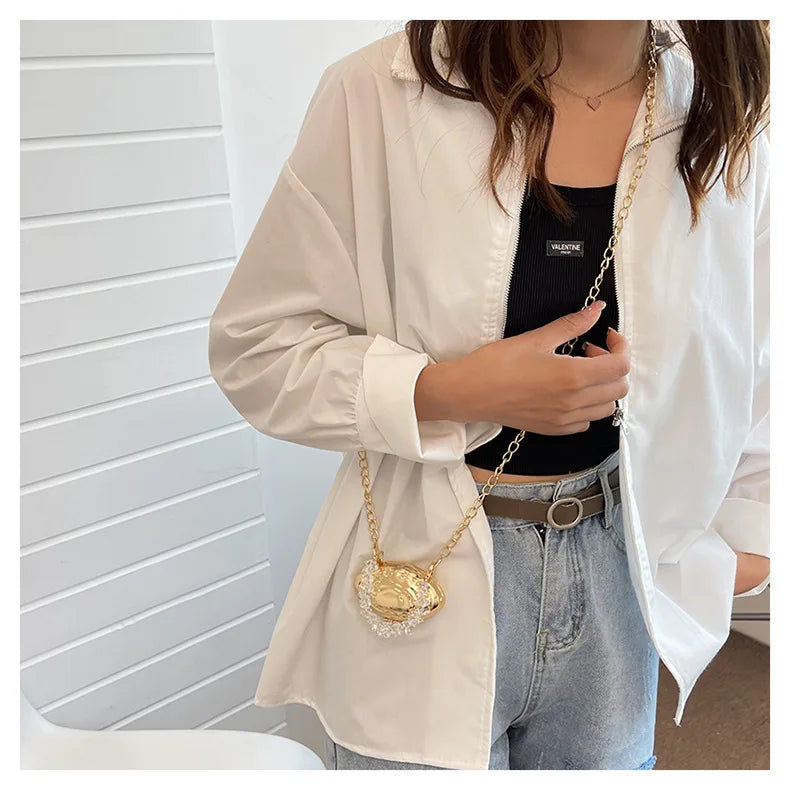 Mini Metallic Shell Bag | Designer Chain Crossbody Purse Luxegan