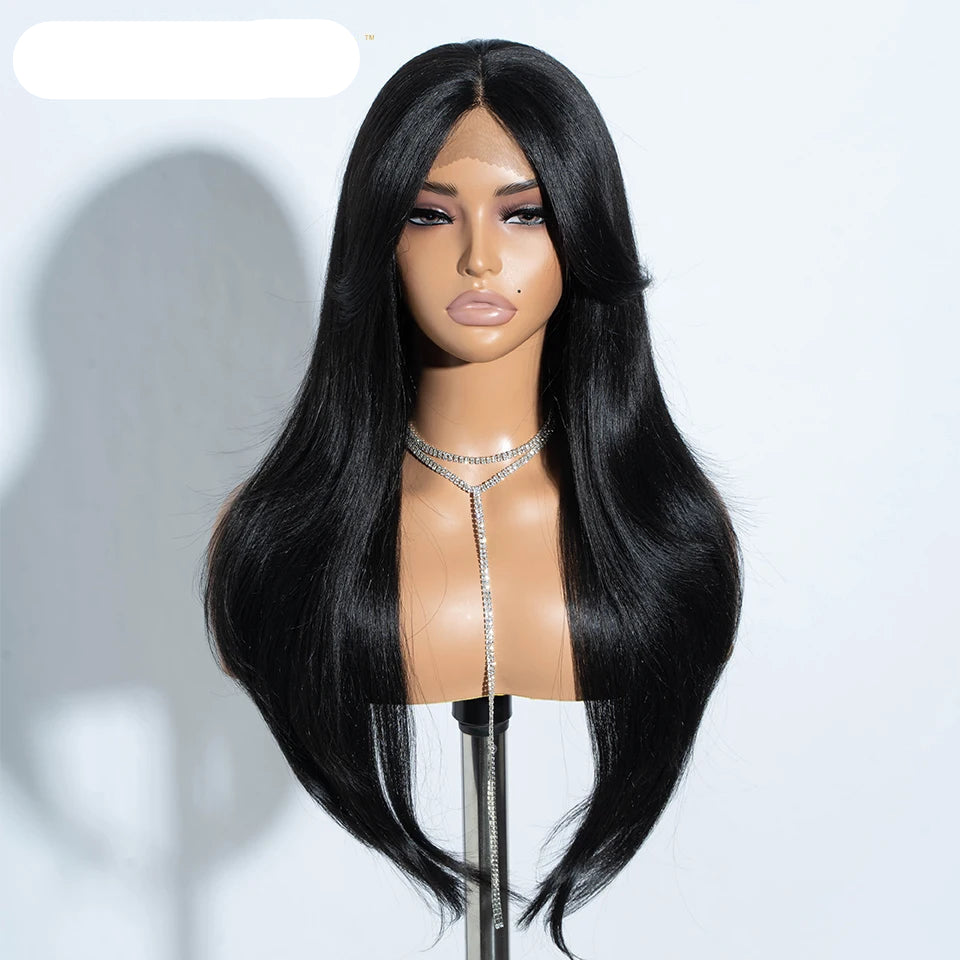 26-Inch Ombre Brown Highlight Blonde Synthetic Lace Front Wig with Bangs - Long Straight High Temperature Fiber Swiss Lace Wig - Transparent Lace Glueless Wig for Daily Use & Cosplay (197g) Luxegan