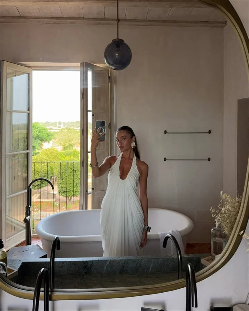 Mozision Mesh Halter Backless Sexy Maxi Dress Women Gown Fashion Elegant V Neck Sleeveless Pleated Club Party Long Dresses