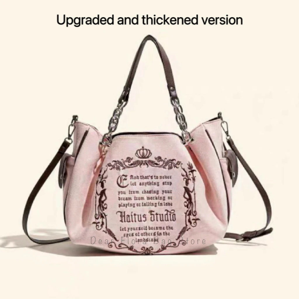 Y2K Pink Vintage Gothic Tote Bag | Aesthetic Grunge Large Capacity Travel Bag | Retro Ladies Embroidery Letter Shoulder Bag with Chain Strap | Fashionable Pink Cyber-Goth Handbag Luxegan