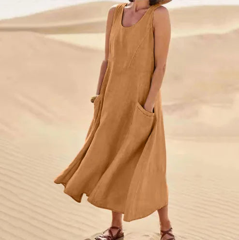 Women's Casual Cotton Linen Sundress | Summer Sleeveless Loose Sand Beachwear Maxi Dress | Elegant Double Big Pocket Oversized Long Dress | Premium High Stretch Regular Fit O-Neck Vestido Model LRFZ-818 Luxegan