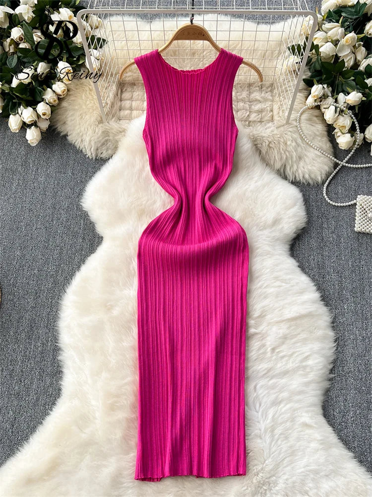Women's Solid O-Neck Sleeveless Knit Dress | Elegant Pleated Draped Mid-Calf Gown | Slight-Stretch Slim-Fit Office Lady Retro Bodycon Dress Luxegan