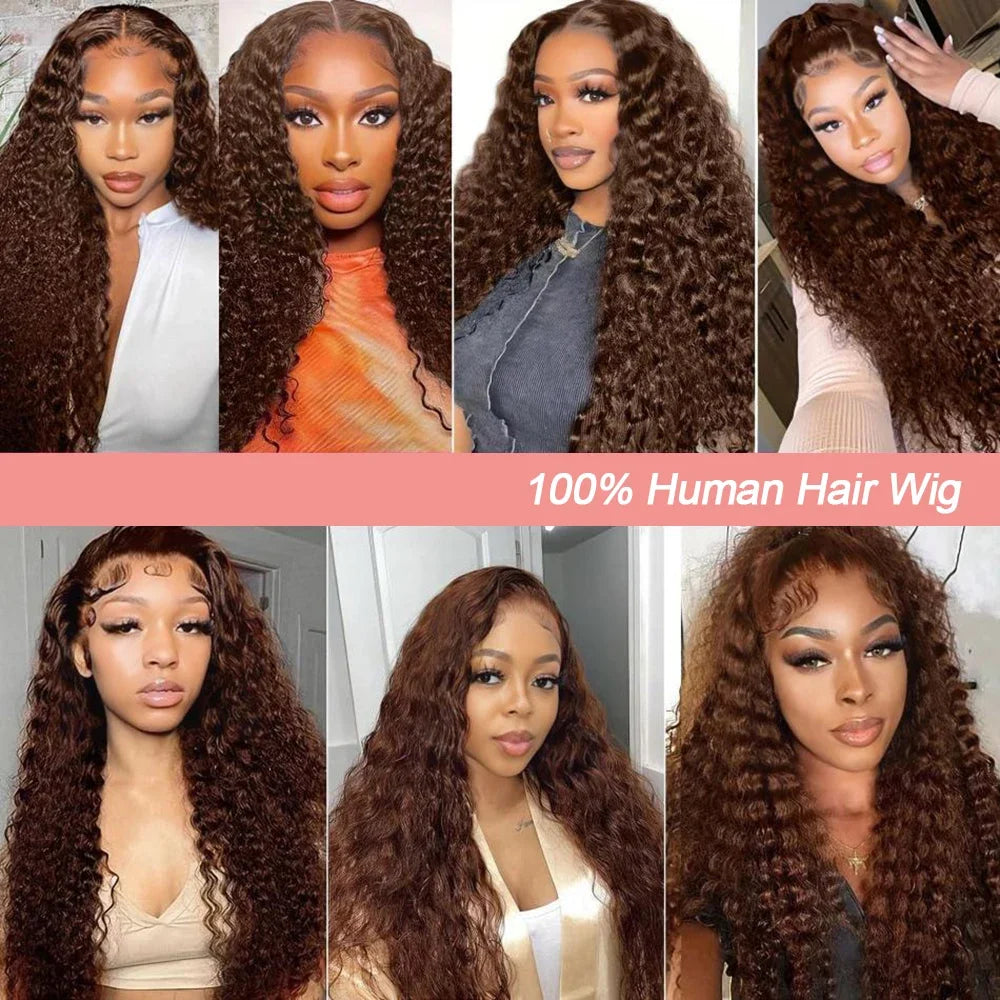 34 & 30-Inch Chocolate Brown Deep Wave Wig | Sophisticated 13x4 HD Transparent Lace | Elegant "#4 Colored" Brazilian Virgin Hair | "Dignified" Pre-Plucked Curly Frontal for Radiant Versatile Styling Luxegan
