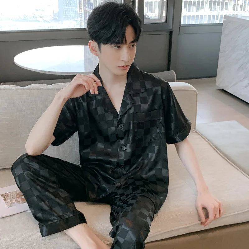 Men's Premium Ice Silk Pajama Set | Luxury Paisley Long-Sleeved Sleepwear Suit | Thin Turn-Down Collar Nightwear | Plus Size High-Quality Home Clothes Male Suit Model SY5004 Luxegan