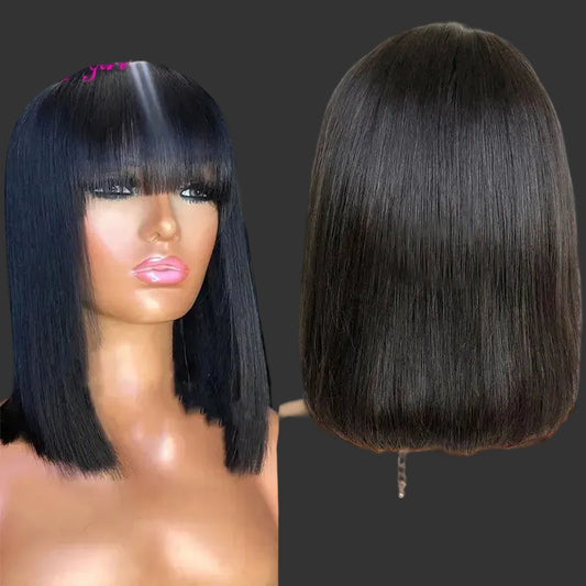 Sleek Straight Short Bob Human Hair Wig with Bangs | 180% Density Fully Machine-Made Glueless Brazilian Remy Human Hair Wig | Classic Fringe Bob for Women (8-16 Inch, Natural Color / #99J Burgundy / #30 Honey Blonde) Luxegan
