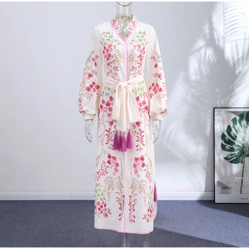 Print & Solid Stand Collar Full-Length Lantern Sleeve Tassel Detail Regular Fit A-Line Ankle-Length Dress – Empire Waist, Spring/Summer Luxegan