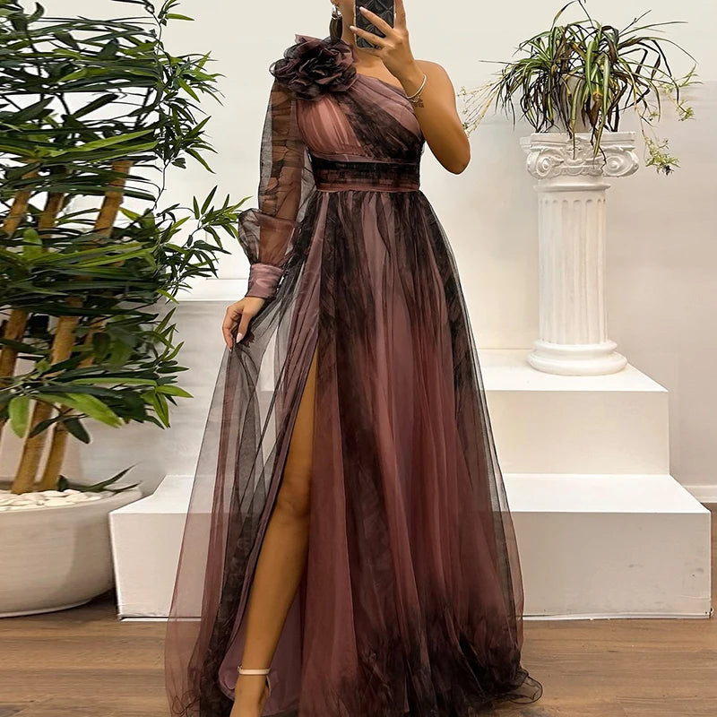 Women's Vintage Pattern Printed High Waist Long Dress | Sexy Asymmetric Mesh Evening Gown | Elegant One-Shoulder Full Sleeve Pleated Bridesmaid Dress | Loose Fit Ankle-Length Model 47881 Luxegan