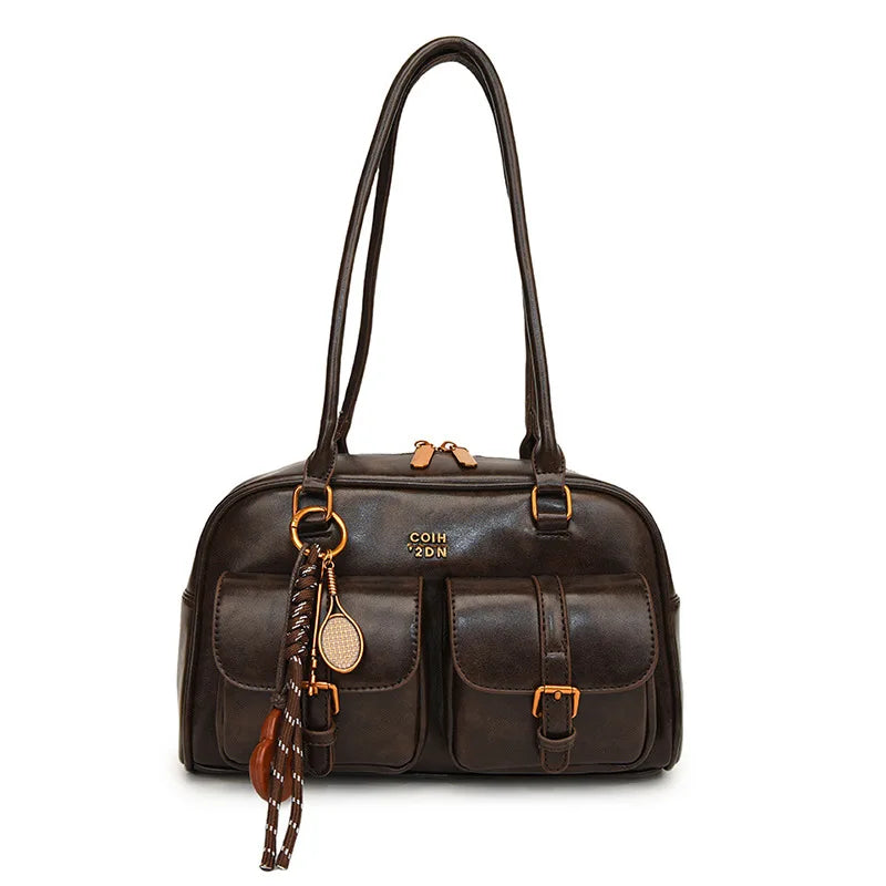 Women’s Coffee Brown Multi-Pocket Handbag | Stylish Versatile Letter Crossbody Purse | Vintage PU Leather Shoulder Bag with Sequined Detail | Large Capacity Daily Tote for Travel & Work Luxegan