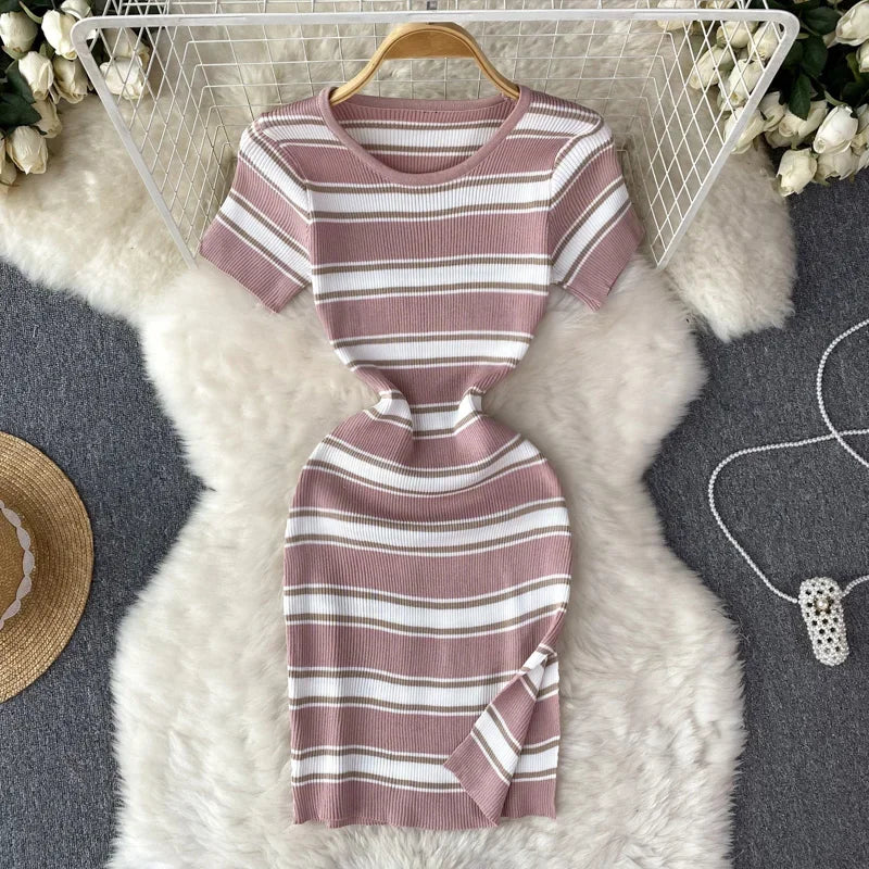 Striped O-Neck Short Sleeve Regular Fit Sheath Mini Dress – High Stretch Knitted Polyester, Empire Waist, Summer Luxegan