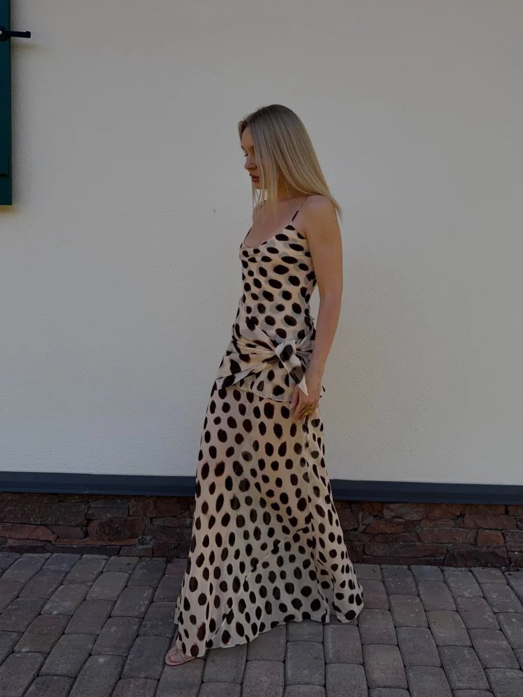 Animal Print Maxi Dress | Deep V-Neck Spaghetti Strap Waist Tie Slit Evening Dress Luxegan