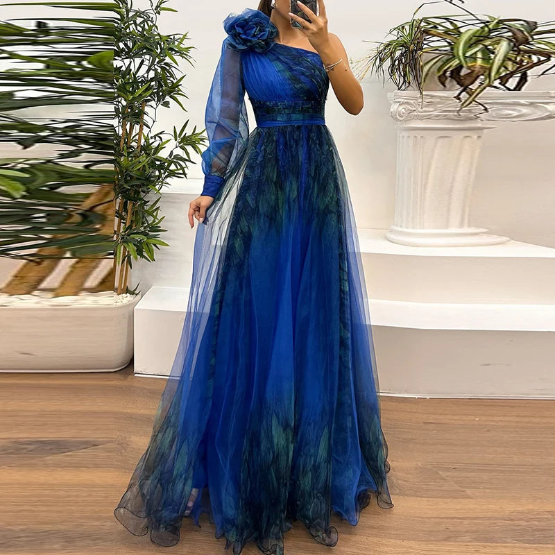 Women's Vintage Pattern Printed High Waist Long Dress | Sexy Asymmetric Mesh Evening Gown | Elegant One-Shoulder Full Sleeve Pleated Bridesmaid Dress | Loose Fit Ankle-Length Model 47881 Luxegan