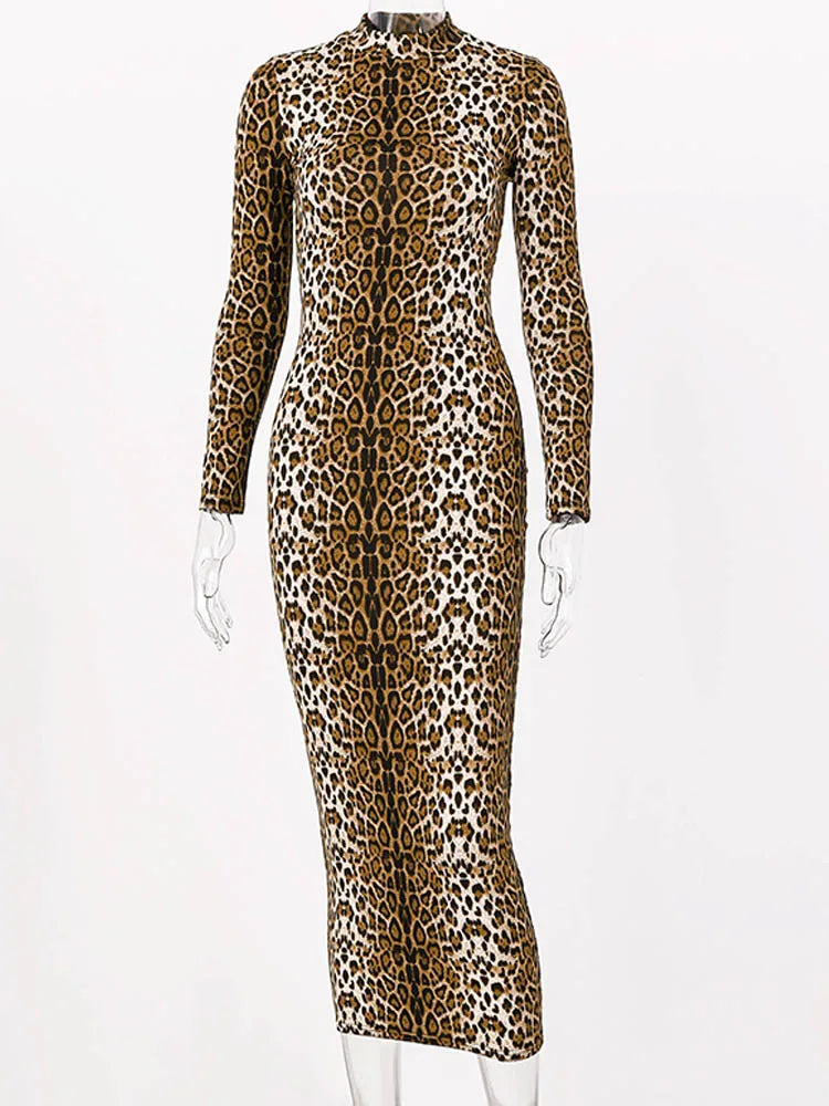 Leopard Print Streetwear O-Neck Full-Length Sleeve Slim Sheath Mid-Calf Dress – High-Stretch Knitted Cotton-Polyester, Empire Waist, Autumn/Winter Luxegan